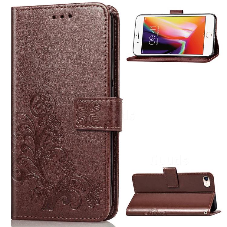 Embossing Imprint Four-Leaf Clover Leather Wallet Case for iPhone SE 2020 - Brown