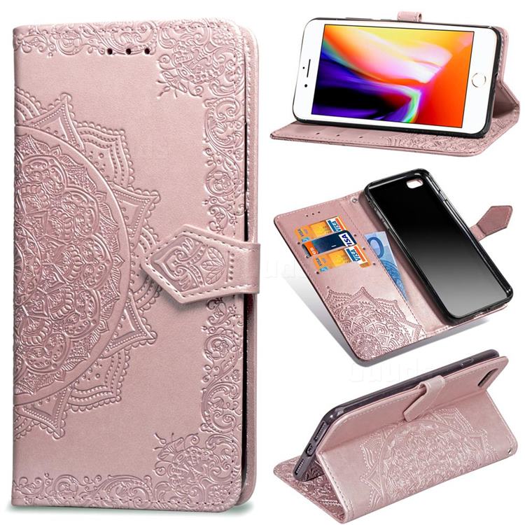 Embossing Imprint Mandala Flower Leather Wallet Case for iPhone SE 2020 - Rose Gold