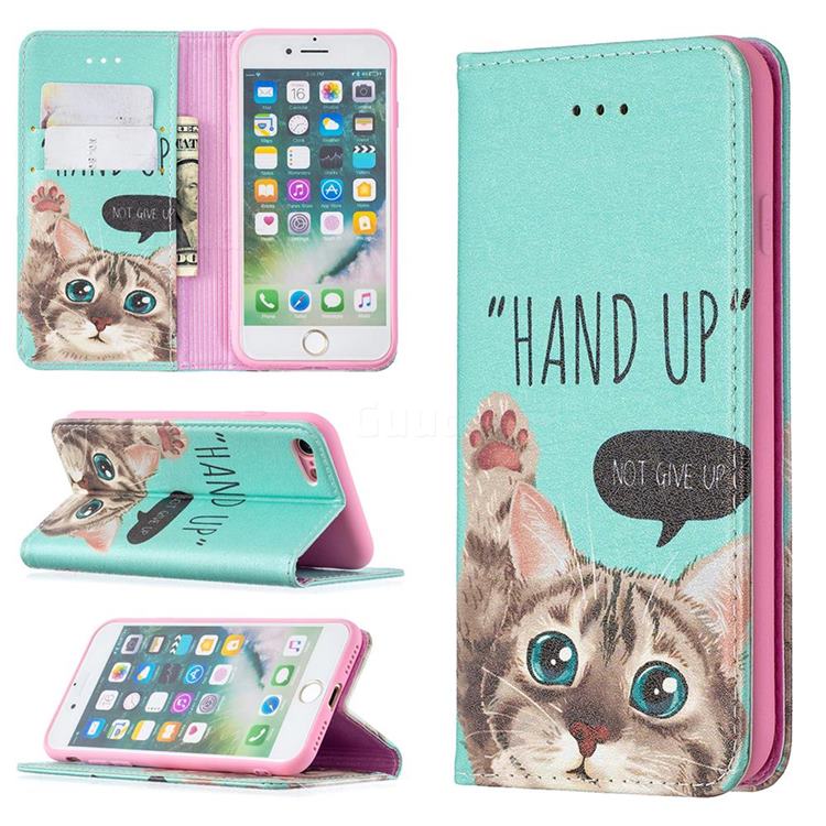 Hand Up Cat Slim Magnetic Attraction Wallet Flip Cover for iPhone SE 2020