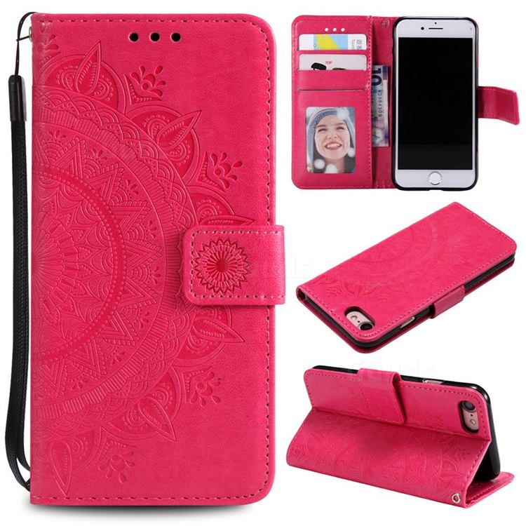 Intricate Embossing Datura Leather Wallet Case for iPhone SE 2020 - Rose Red