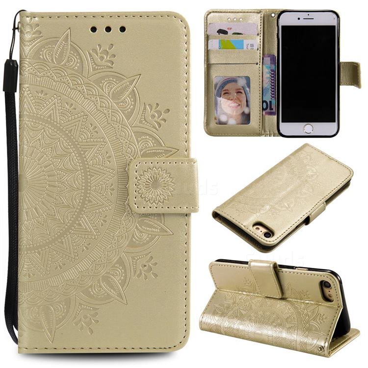 Intricate Embossing Datura Leather Wallet Case for iPhone SE 2020 - Golden