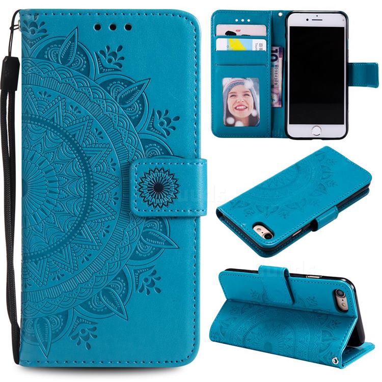 Intricate Embossing Datura Leather Wallet Case for iPhone SE 2020 - Blue