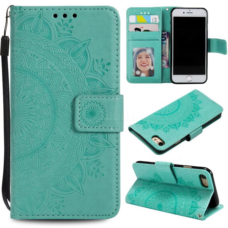 Intricate Embossing Datura Leather Wallet Case for iPhone SE 2020 - Mint Green