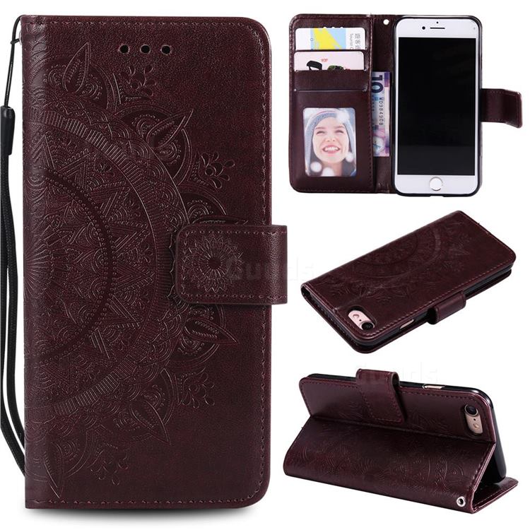 Intricate Embossing Datura Leather Wallet Case for iPhone SE 2020 - Brown