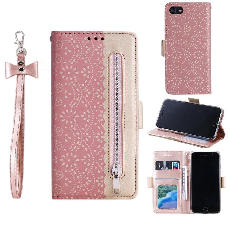 Luxury Lace Zipper Stitching Leather Phone Wallet Case for iPhone SE 2020 - Pink