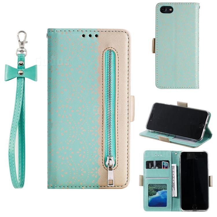Luxury Lace Zipper Stitching Leather Phone Wallet Case for iPhone SE 2020 - Green