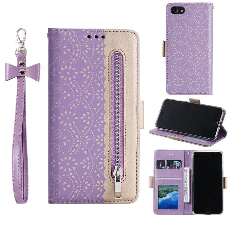 Luxury Lace Zipper Stitching Leather Phone Wallet Case for iPhone SE 2020 - Purple