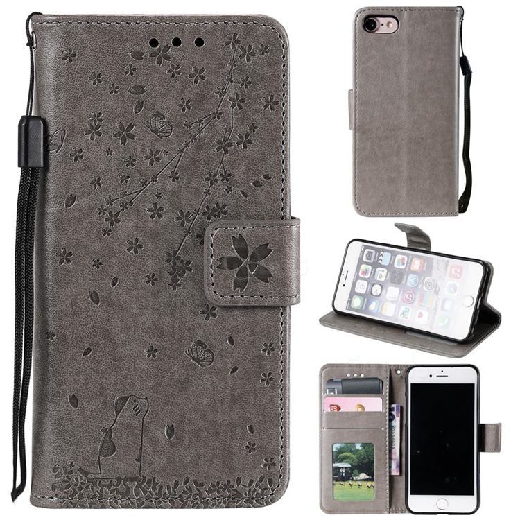 Embossing Cherry Blossom Cat Leather Wallet Case for iPhone SE 2020 - Gray