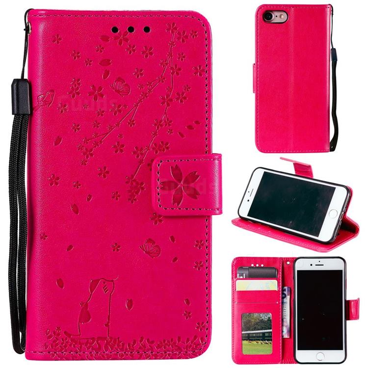 Embossing Cherry Blossom Cat Leather Wallet Case for iPhone SE 2020 - Rose