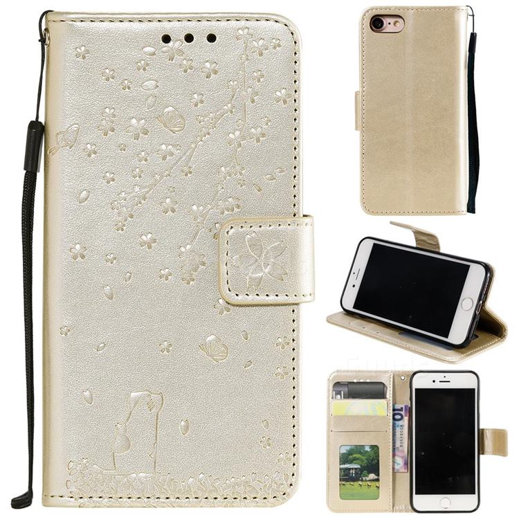 Embossing Cherry Blossom Cat Leather Wallet Case for iPhone SE 2020 - Golden