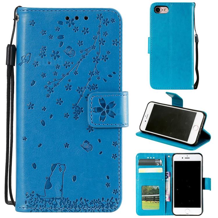Embossing Cherry Blossom Cat Leather Wallet Case for iPhone SE 2020 - Blue