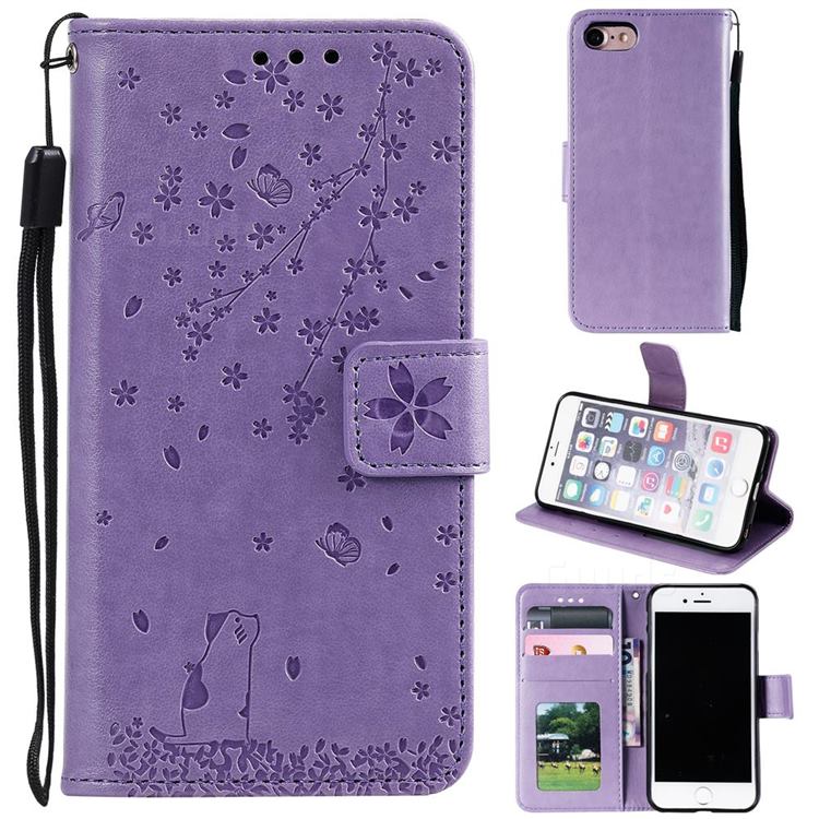 Embossing Cherry Blossom Cat Leather Wallet Case for iPhone SE 2020 - Purple