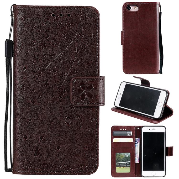 Embossing Cherry Blossom Cat Leather Wallet Case for iPhone SE 2020 - Brown