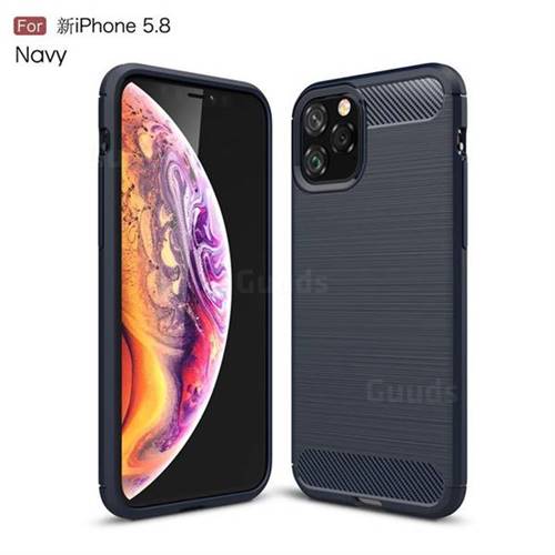 Luxury Carbon Fiber Brushed Wire Drawing Silicone TPU Back Cover for iPhone 11 Pro (5.8 inch) - Navy