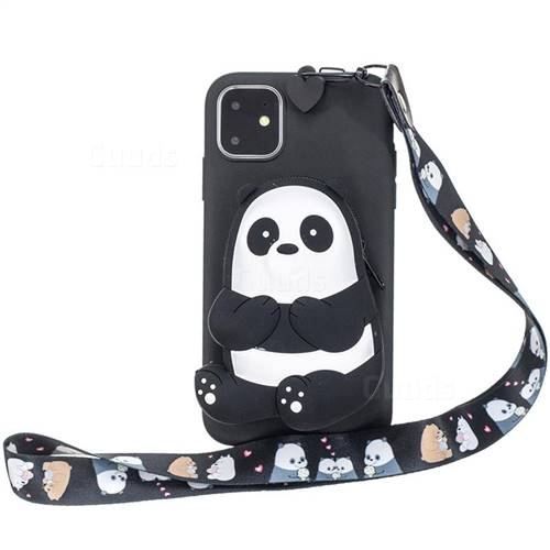 Cute Panda Neck Lanyard Zipper Wallet Silicone Case for iPhone 11 Pro (5.8 inch)