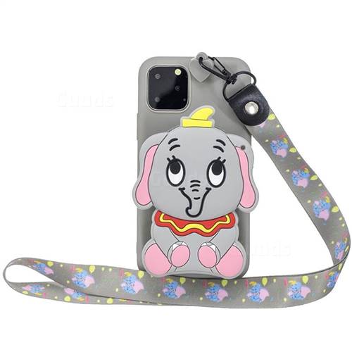 Gray Elephant Neck Lanyard Zipper Wallet Silicone Case for iPhone 11 Pro (5.8 inch)