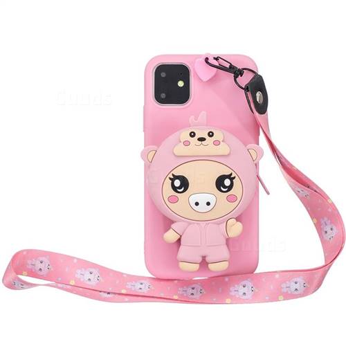 Pink Pig Neck Lanyard Zipper Wallet Silicone Case for iPhone 11 Pro (5.8 inch)