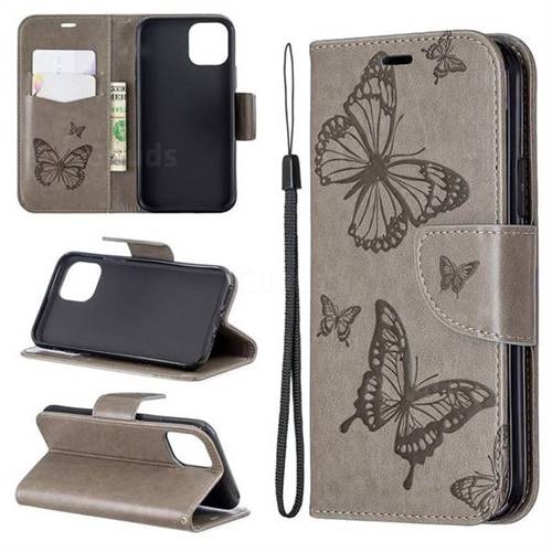 Embossing Double Butterfly Leather Wallet Case for iPhone 11 Pro (5.8 inch) - Gray