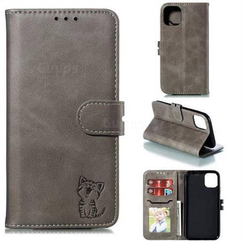 Embossing Happy Cat Leather Wallet Case for iPhone 11 Pro (5.8 inch) - Gray