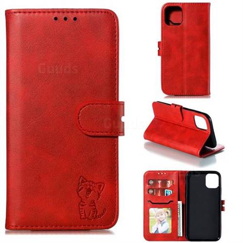 Embossing Happy Cat Leather Wallet Case for iPhone 11 Pro (5.8 inch) - Red