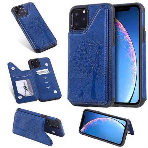 Luxury Tree and Cat Multifunction Magnetic Card Slots Stand Leather Phone Back Cover for iPhone 11 Pro (5.8 inch) - Blue