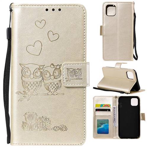 Embossing Owl Couple Flower Leather Wallet Case for iPhone 11 Pro (5.8 inch) - Golden