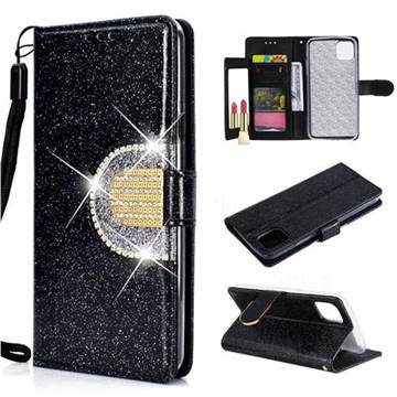 Glitter Diamond Buckle Splice Mirror Leather Wallet Phone Case for iPhone 11 Pro (5.8 inch) - Black