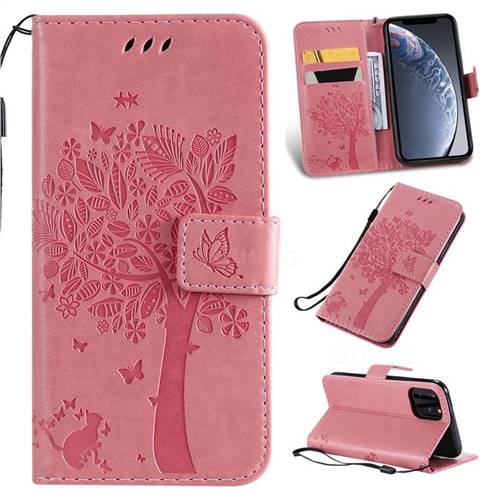 Embossing Butterfly Tree Leather Wallet Case for iPhone 11 Pro (5.8 inch) - Pink