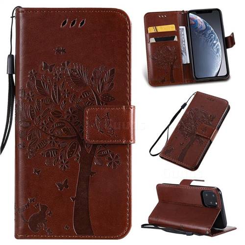 Embossing Butterfly Tree Leather Wallet Case for iPhone 11 Pro (5.8 inch) - Coffee