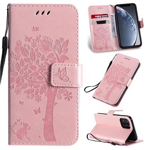 Embossing Butterfly Tree Leather Wallet Case for iPhone 11 Pro (5.8 inch) - Rose Pink