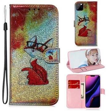 Glasses Fox Laser Shining Leather Wallet Phone Case for iPhone 11 Pro (5.8 inch)