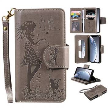 Embossing Cat Girl 9 Card Leather Wallet Case for iPhone 11 Pro (5.8 inch) - Gray