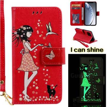 Luminous Flower Girl Cat Leather Wallet Case for iPhone 11 Pro (5.8 inch) - Red