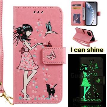 Luminous Flower Girl Cat Leather Wallet Case for iPhone 11 Pro (5.8 inch) - Hot Pink
