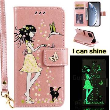 Luminous Flower Girl Cat Leather Wallet Case for iPhone 11 Pro (5.8 inch) - Light Pink