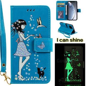 Luminous Flower Girl Cat Leather Wallet Case for iPhone 11 Pro (5.8 inch) - Blue