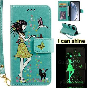 Luminous Flower Girl Cat Leather Wallet Case for iPhone 11 Pro (5.8 inch) - Green