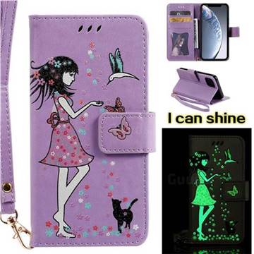 Luminous Flower Girl Cat Leather Wallet Case for iPhone 11 Pro (5.8 inch) - Purple
