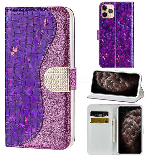 Glitter Diamond Buckle Laser Stitching Leather Wallet Phone Case for iPhone 11 Pro (5.8 inch) - Purple