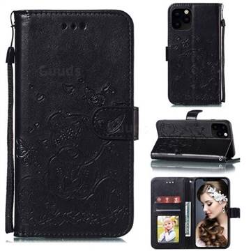 Embossing Butterfly Heart Bear Leather Wallet Case for iPhone 11 Pro (5.8 inch) - Black