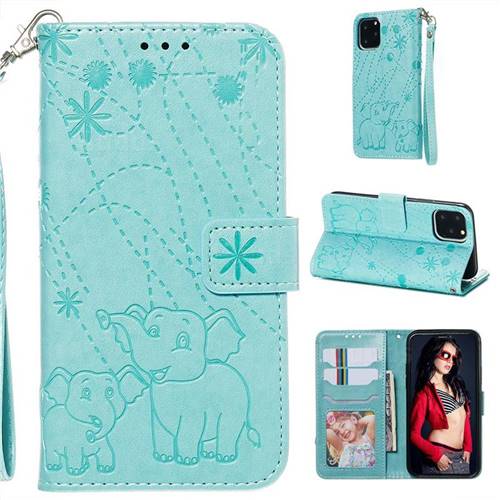 Embossing Fireworks Elephant Leather Wallet Case for iPhone 11 Pro (5.8 inch) - Green