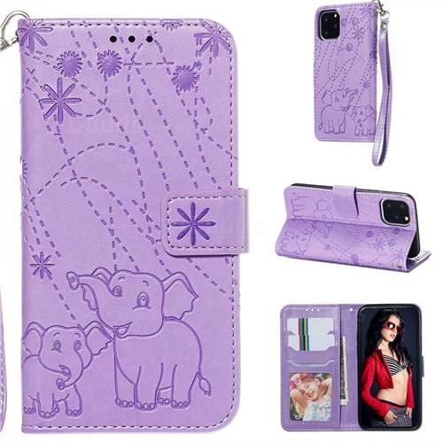 Embossing Fireworks Elephant Leather Wallet Case for iPhone 11 Pro (5.8 inch) - Purple