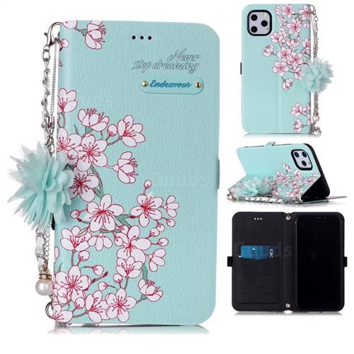 Cherry Blossoms Endeavour Florid Pearl Flower Pendant Metal Strap PU Leather Wallet Case for iPhone 11 Pro (5.8 inch)