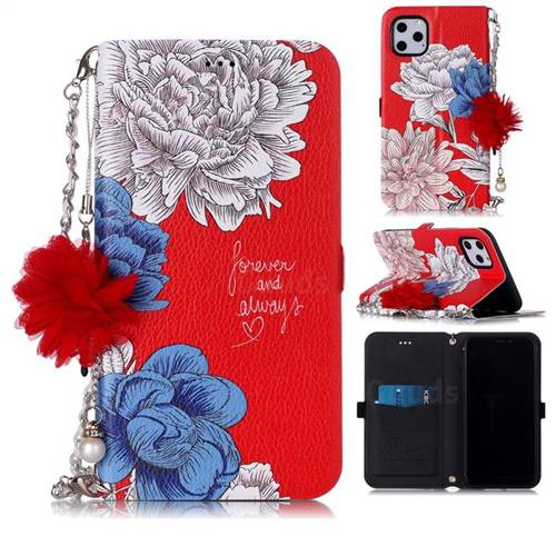 Red Chrysanthemum Endeavour Florid Pearl Flower Pendant Metal Strap PU Leather Wallet Case for iPhone 11 Pro (5.8 inch)