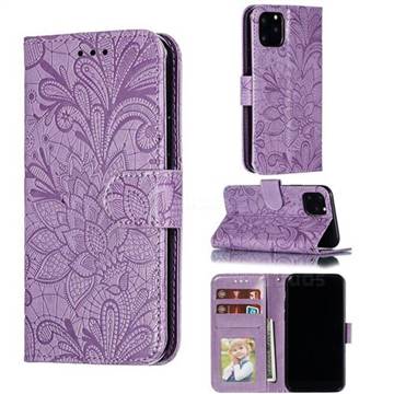 Intricate Embossing Lace Jasmine Flower Leather Wallet Case for iPhone 11 Pro (5.8 inch) - Purple