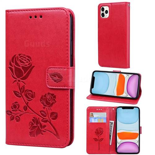 Embossing Rose Flower Leather Wallet Case for iPhone 11 Pro (5.8 inch) - Red