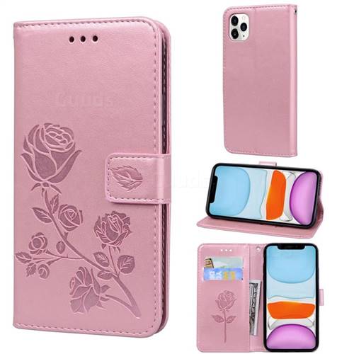 Embossing Rose Flower Leather Wallet Case for iPhone 11 Pro (5.8 inch) - Rose Gold