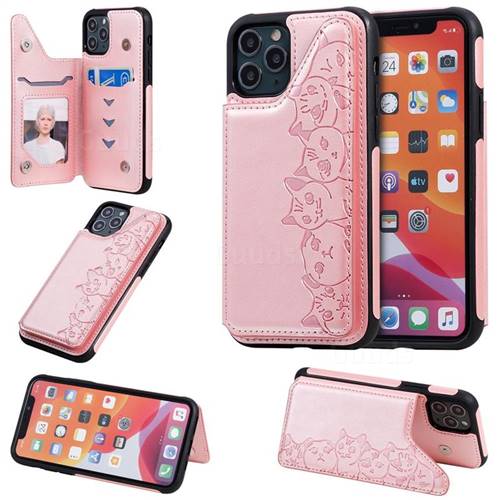 Yikatu Luxury Cute Cats Multifunction Magnetic Card Slots Stand Leather Back Cover for iPhone 11 Pro (5.8 inch) - Rose Gold