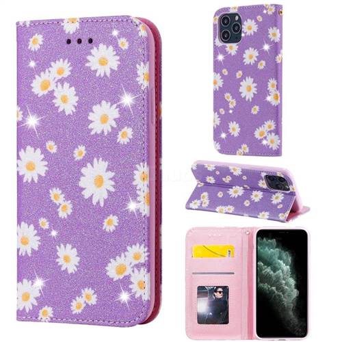 Ultra Slim Daisy Sparkle Glitter Powder Magnetic Leather Wallet Case for iPhone 11 Pro (5.8 inch) - Purple