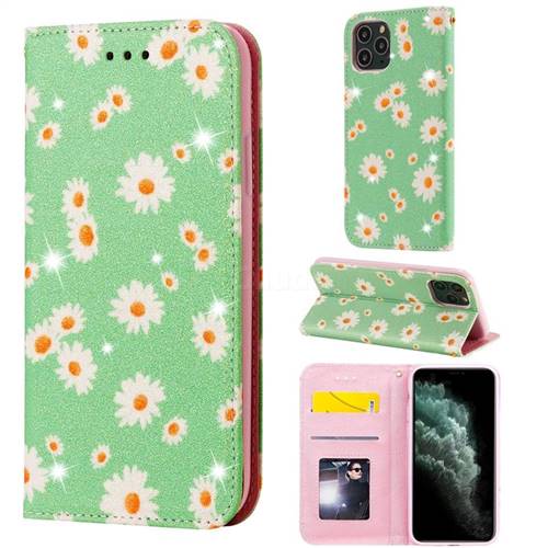 Ultra Slim Daisy Sparkle Glitter Powder Magnetic Leather Wallet Case for iPhone 11 Pro (5.8 inch) - Green